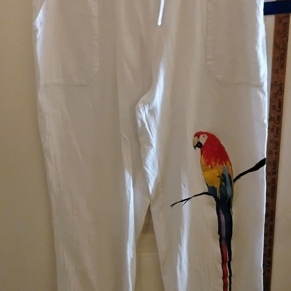 White Beach Pants with Parrot Print - Picture 1 of 4